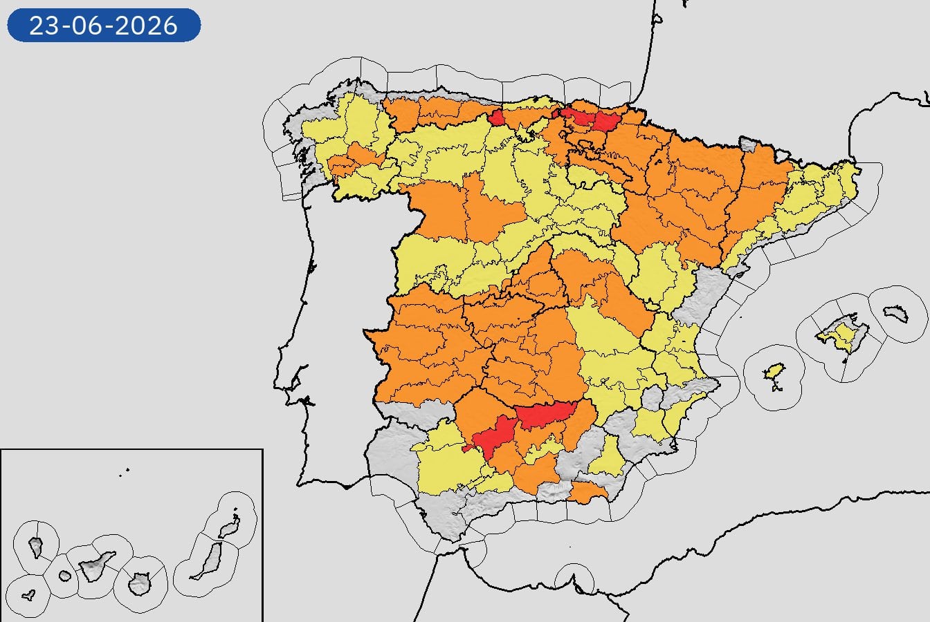 Mapa de alertas por altas temperaturas para este martes, 23 de junio de 2026. (Aemet)