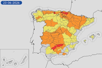Mapa de alertas por altas temperaturas para este martes, 23 de junio de 2026. (Aemet)