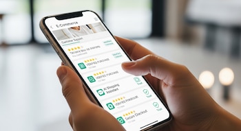 Mano sostiene teléfono móvil con aplicación de comercio electrónico; se muestran estrellas de calificación, compras verificadas y asistencia con inteligencia artificial.