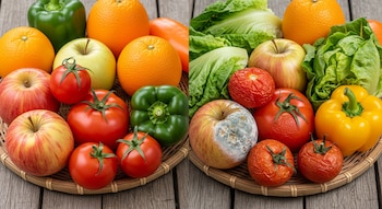 Comparación lado a lado de frutas y verduras en cestas sobre madera. A la izquierda, productos frescos; a la derecha, productos podridos y con moho.