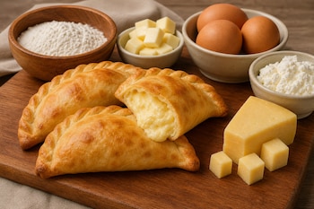 Empanadas horneadas con relleno de queso derretido sobre una tabla junto a tazones con harina, huevos, queso en cubos y queso fresco.