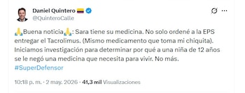 Daniel Quintero aseguró que la EPS habría entregado el medicamento a una menor de 12 años - crédito @QuinteroCalle/X
