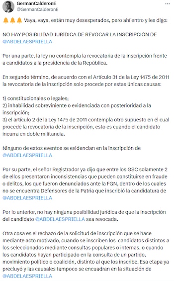 El abogado Germán Calderón afirma en redes que no existen causales jurídicas para revocar la candidatura. - crédito @GermanCalderonE/X