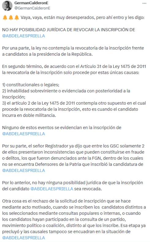 El abogado Germán Calderón afirma en redes que no existen causales jurídicas para revocar la candidatura. - crédito @GermanCalderonE/X