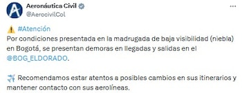 Operación de el aeropuerto El Dorado de Bogotá en la madrugada del 19 de marzo de 2026 - crédito @AerocivilCol/X