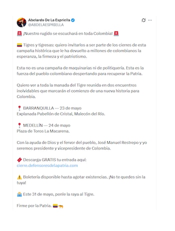 Abelardo de la Espriella confirmó cierre de su campaña