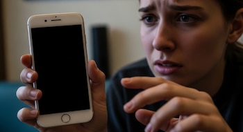 Primer plano de una persona joven con expresión de preocupación, sosteniendo un iPhone blanco cuya pantalla está completamente apagada y negra.