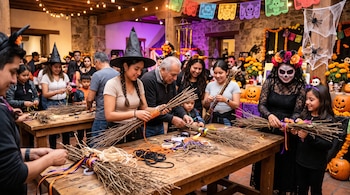 Personas reunidas ante mesas de madera atan ramas con cuerdas y cintas, rodeadas de calabazas, papel picado y decoraciones festivas.