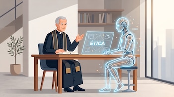 Un sacerdote con sotana y un robot traslúcido sentados a una mesa de madera con una pantalla digital que exhibe la palabra ética.