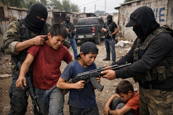 Un hombre enmascarado entrega un fusil a un niño. Otro hombre enmascarado sujeta a un segundo niño. Un tercer niño está sentado. Al fondo, hombres armados y un vehículo.