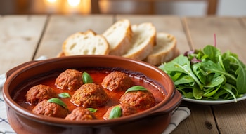 Primer plano de albóndigas de zanahoria y arroz en salsa roja dentro de una cazuela de barro, con pan rebanado y ensalada de hojas verdes al fondo.