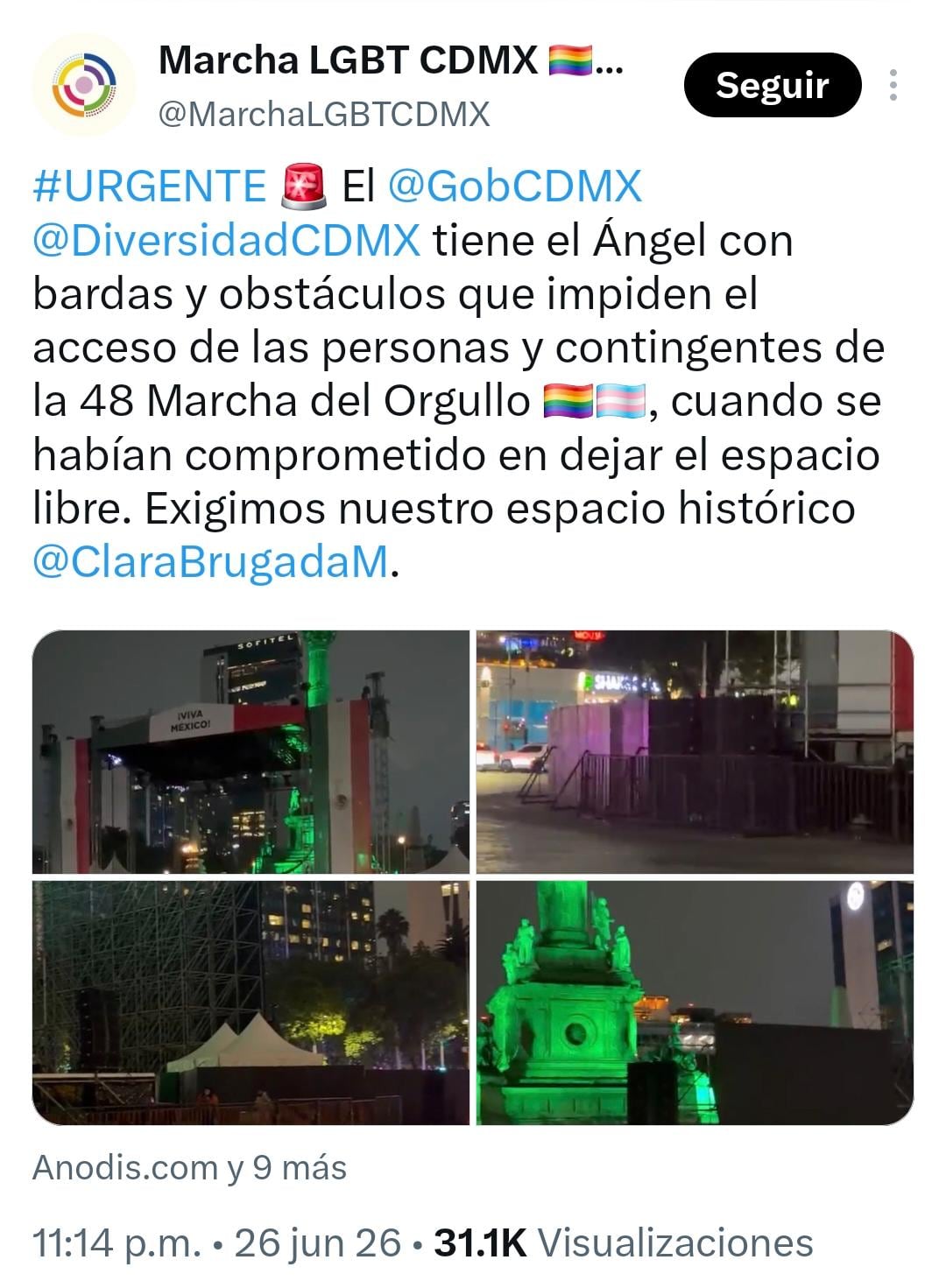 A Parada LGBT CDMX alega que o governo da Cidade do México colocou cercas e barreiras em El Ángel de la Independencia, restringindo o acesso à 48ª Parada do Orgulho. (X: Captura de tela)