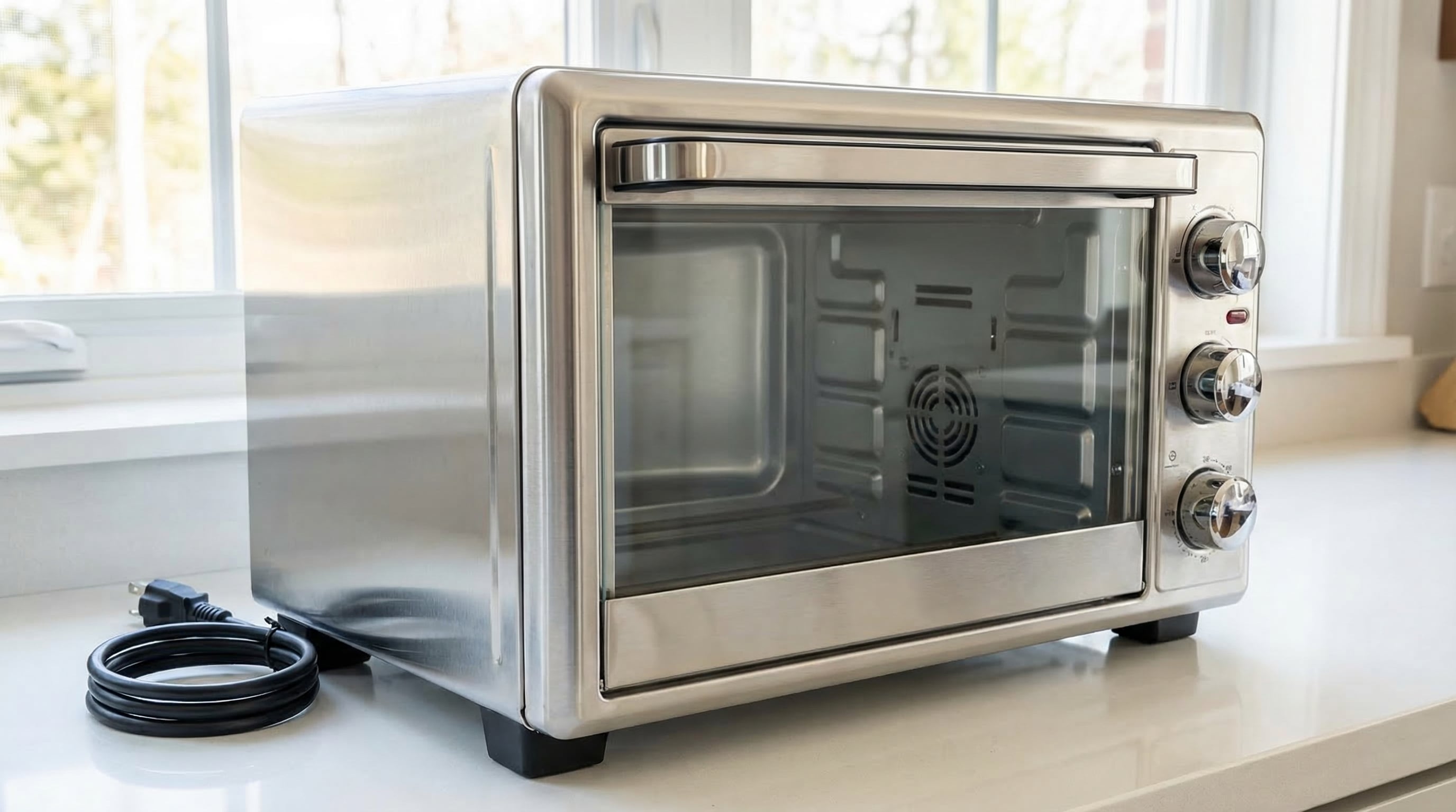 Un moderno horno eléctrico de sobremesa, completamente nuevo y limpio, reposa sobre una encimera de cocina clara, listo para ser conectado y utilizado. (Imagen Ilustrativa Infobae)