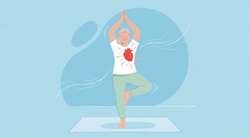 Ilustración de una persona mayor con cabello gris haciendo la postura del árbol en una esterilla de yoga, con un corazón rojo brillante en el pecho sobre un fondo azul claro.