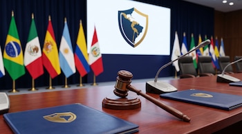 Una mesa de madera con mazo, micrófonos y carpetas azules frente a una fila de banderas y una pantalla con un escudo.