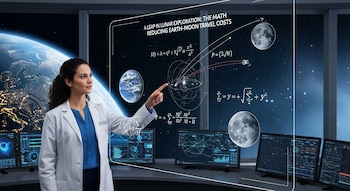 Mujer en bata de laboratorio frente a una pantalla holográfica con modelos del espacio, ecuaciones y monitores de datos en una sala de control.