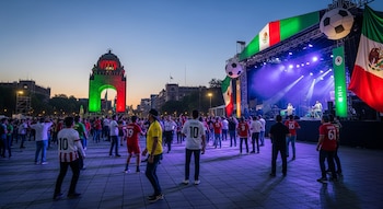 Festival al aire libre con escenario, banderas de México, pelotas de fútbol y personas en una plaza; al fondo, el Monumento a la Revolución iluminado.