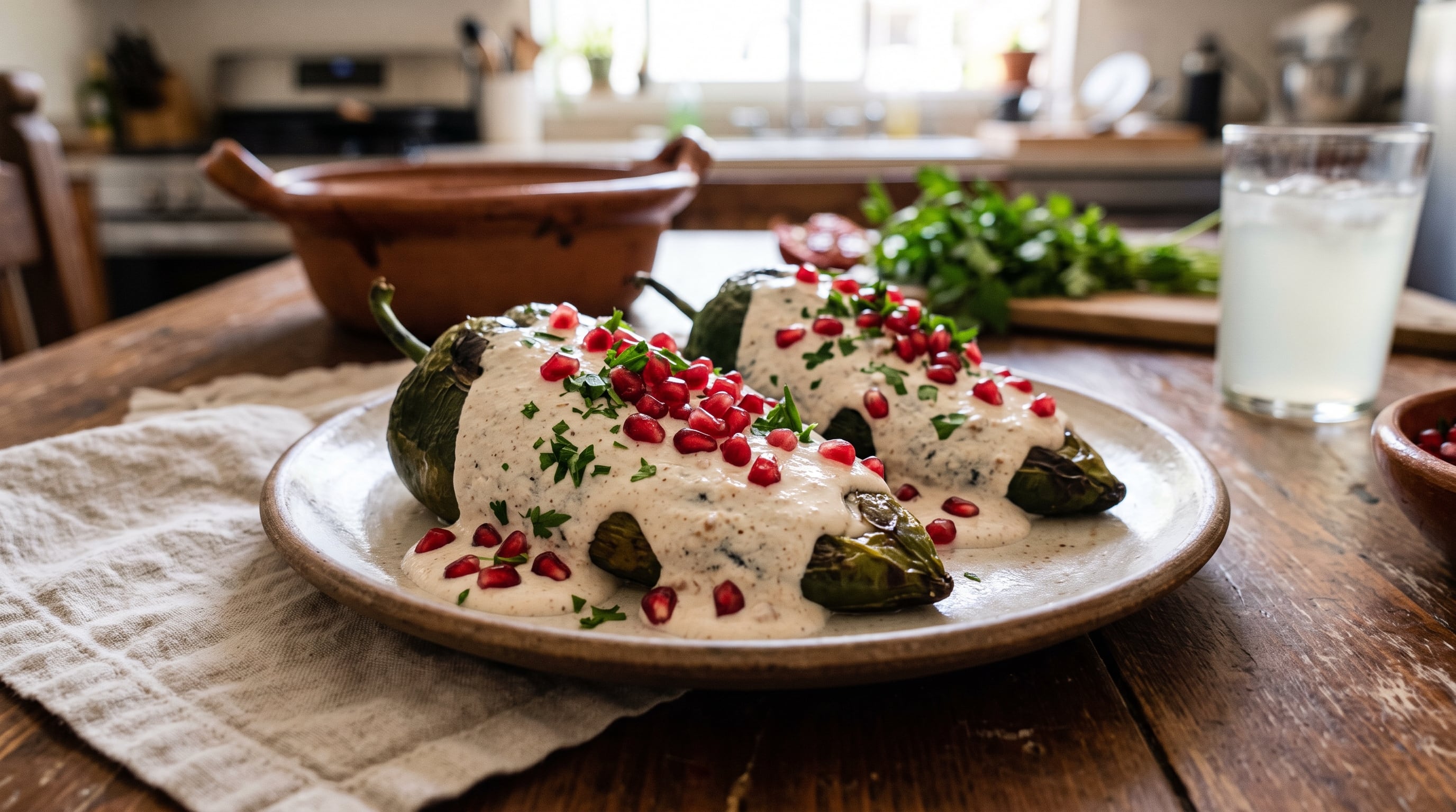 Dos chiles en nogada bañados con salsa blanca, granada y perejil se presentan en un plato como una versión de la cocina tradicional mexicana. (Imagen Ilustrativa Infobae)