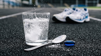 Vaso de agua con burbujas, cuchara con polvo blanco, cápsula azul y zapatillas deportivas al fondo sobre una pista de atletismo.