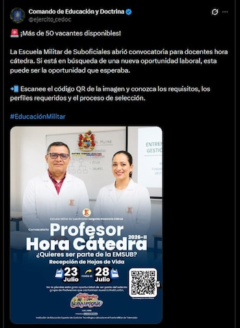 La convocatoria de docentes universitarios está dirigida a profesionales de ciencias militares, derecho, psicología, enfermería, matemáticas, ingeniería, sistemas, economía, logística, idiomas y otras áreas afines - crédito @ejercito_cedoc/X