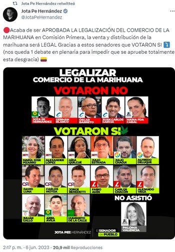En el caso del youtuber y congresista Jota Pe Hernández, que se negó a darle el sí al proyecto, pues relató en su discurso que la “curiosidad” es el peor enemigo de los jóvenes, que consumirán marihuana con mayor facilidad al tener el acceso a la veta y comercialización permitida de la droga. Twitter/@JotaPeHernandez.