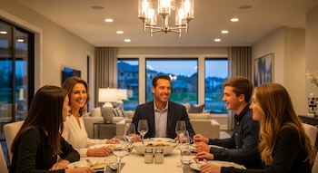 Una familia de cinco personas cena en un comedor moderno y bien iluminado. Dos adultos y tres jóvenes sonríen y conversan alrededor de la mesa.