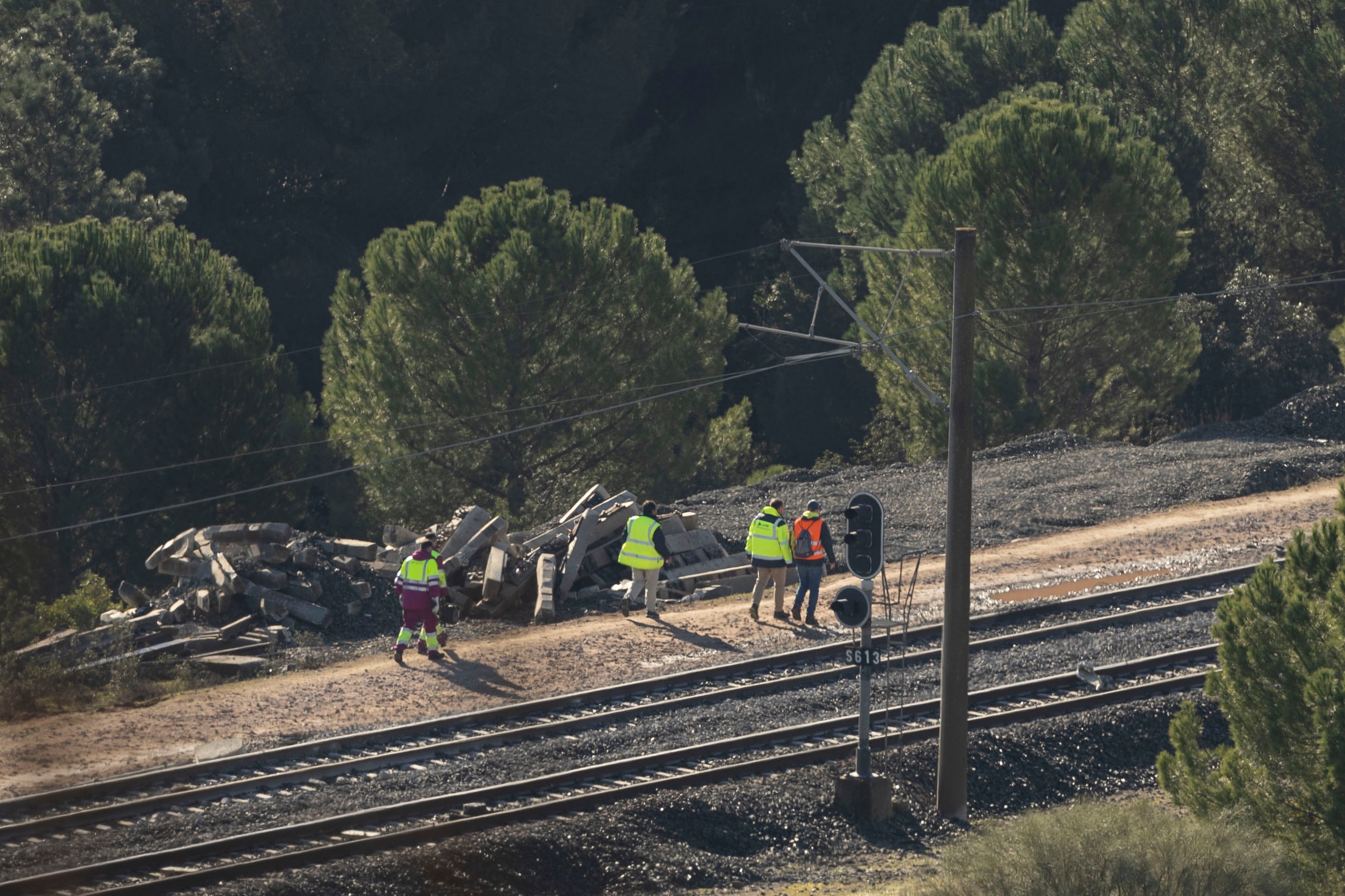 Varios operarios examinan las vías en la zona del accidente ferroviario ocurrido el pasado domingo en Adamuz, a 20 de enero de 2026. (EFE/Jorge Zapata)
