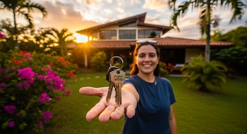 Una mujer sonriente sostiene un manojo de llaves con un llavero que dice 'PURA VIDA' en primer plano, con una casa y jardín al fondo.