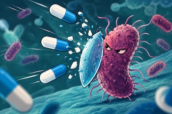Una bacteria con aspecto de bacilo que sostiene un escudo frente a varias cápsulas de medicamento que se rompen al chocar