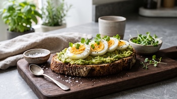 Tostada con palta machacada, rebanadas de huevo duro, sal y brotes sobre una tabla de madera junto a una cuchara y pequeños recipientes.