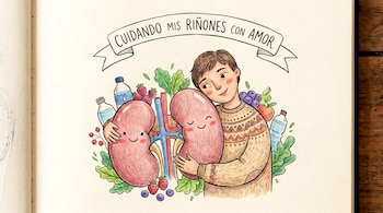 Ilustración de un joven abrazando dos riñones sonrientes. Alrededor hay botellas de agua, fresas, arándanos y hojas verdes sobre un cuaderno abierto.