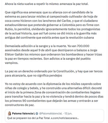 O presidente defende a Paz Total e nega que soluções militares sejam a forma de lidar com sistemas armados ilegais - crédito @petrogustavo/X