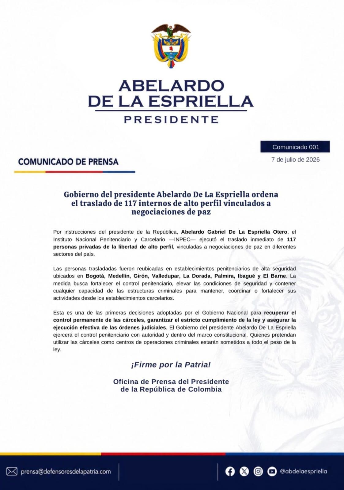 El Gobierno del presidente Abelardo Gabriel de la Espriella Otero confirmó el “traslado inmediato de 117 personas privadas de la libertad de alto perfil” vinculadas a negociaciones de paz, con el argumento de “fortalecer el control penitenciario - crédito prensa Abelardo de la Espriella