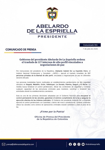 El Gobierno del presidente Abelardo Gabriel de la Espriella Otero confirmó el “traslado inmediato de 117 personas privadas de la libertad de alto perfil” vinculadas a negociaciones de paz, con el argumento de “fortalecer el control penitenciario - crédito prensa Abelardo de la Espriella