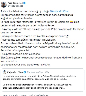 Federico Gutiérrez respaldó a Alejandro Char y cuestionó la política de “paz total” del Gobierno Petro - crédito @FicoGutierrez/X