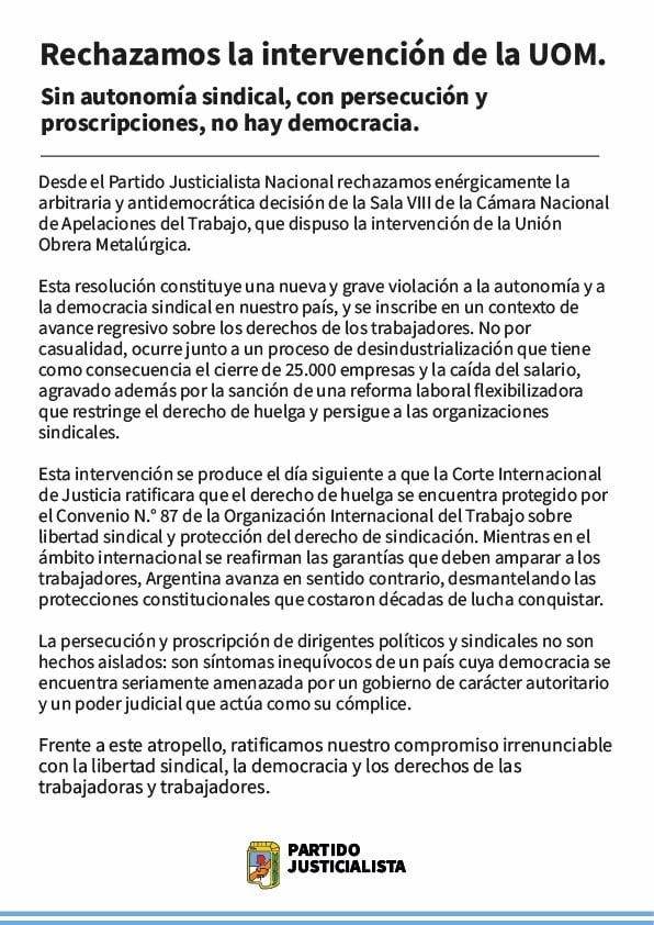 El Partido Justicialista Nacional difundió el comunicado a través de su cuenta de X (Partido Justicialista)