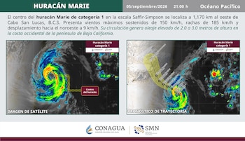 Infografía sobre el huracán Marie con una toma de satélite, un mapa de trayectoria proyectada y logotipos institucionales en la parte inferior