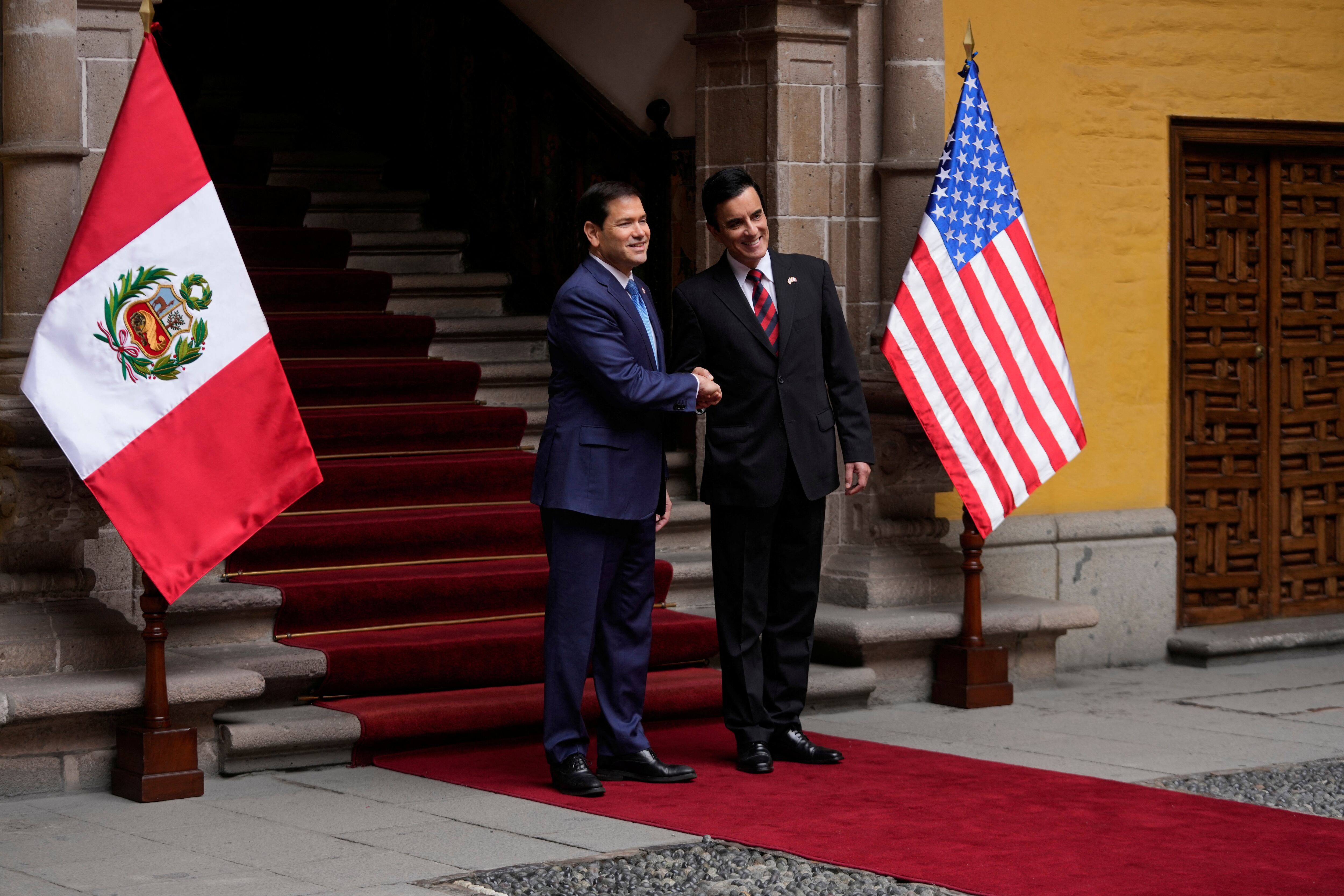 U.S. Secretary of State Marco Rubio, left, shakes hands with Peruvian Foreign Minister Carlos Espa in Lima Peru, Thursday, Sept. 10, 2026. Martin Mejia/Pool via REUTERS