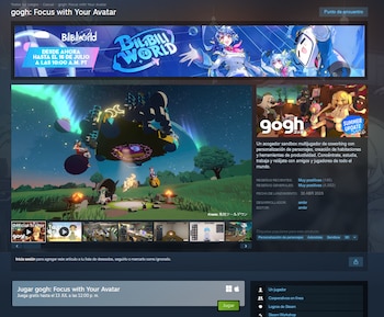 Captura de pantalla de una página de Steam con un gran arte principal, miniaturas de juego, título del videojuego y texto descriptivo