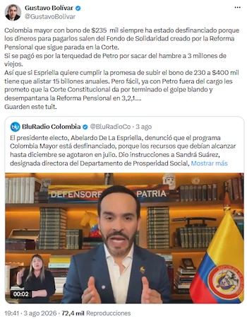Gustavo Bolívar advirtió sobre el déficit estructural en el programa Colombia Mayor - crédito @GustavoBolivar/X