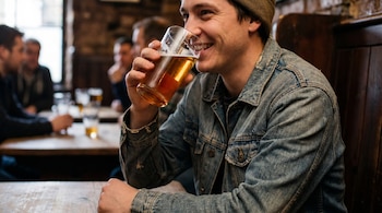 Un hombre sonriente con gorro de lana y chaqueta vaquera bebe una cerveza clara de un vaso de pinta en un pub, con figuras borrosas de personas al fondo.