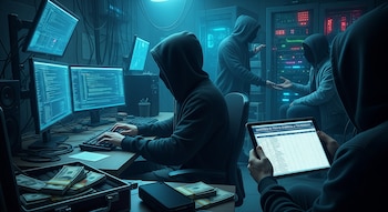 Cuatro personas encapuchadas en una sala de servidores. Monitores muestran código, una tablet exhibe una base de datos y hay dinero en efectivo sobre el escritorio.