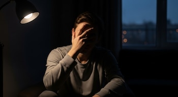 Un joven sentado en penumbra, con una mano cubriendo su rostro. Una lámpara de escritorio ilumina parcialmente su cabeza y hombros. El fondo está oscuro con una ventana.
