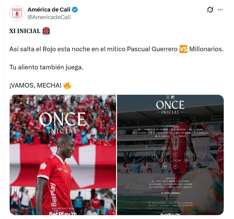 Adrián Ramos y Tomás Ángel comandarán el ataque americano ante Millonarios - crédito @americadecali/X