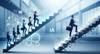 Dos escaleras digitales paralelas en un espacio moderno. A la izquierda, un equipo de personas sube, rodeado de íconos de datos y engranajes. A la derecha, un hombre sube una escalera fragmentada. Se lee 'IA'.