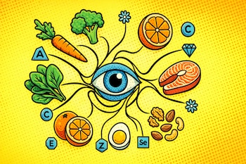 Ilustración de un ojo central conectado a una zanahoria, espinacas, brócoli, naranjas, salmón, huevo y frutos secos, con símbolos de vitaminas y minerales.
