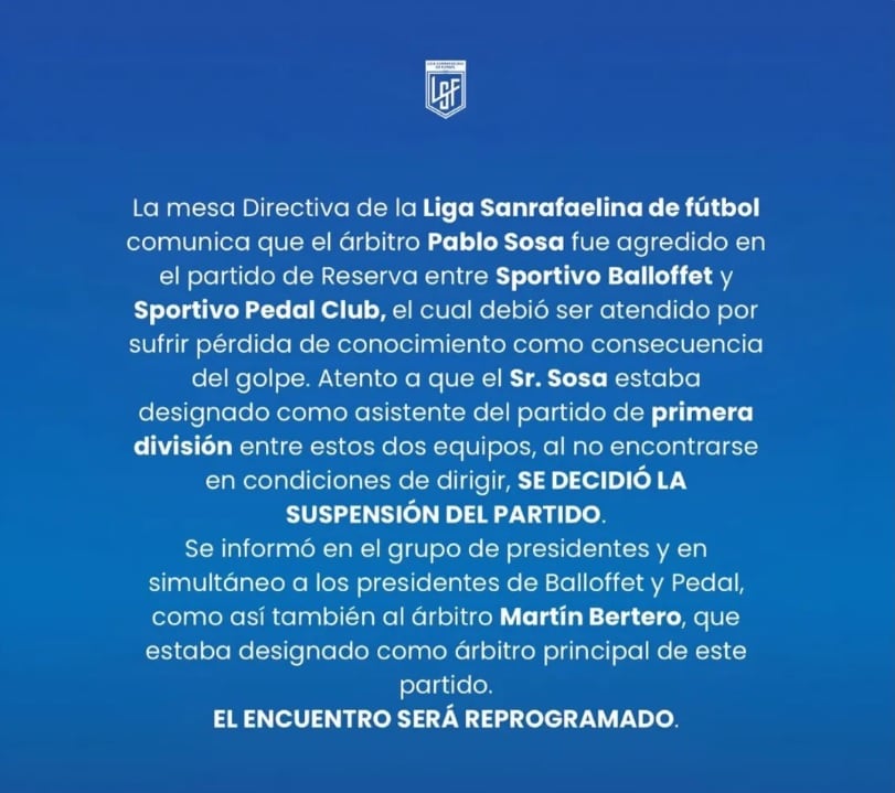 Comunicado de la Liga Sanrafaelina de Fútbol