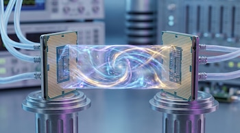 Dos procesadores de computadora en bases metálicas, conectados por un haz de energía brillante con espirales de luz azul, violeta y dorada en un laboratorio oscuro.