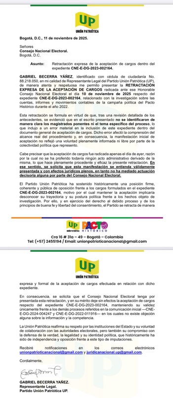 Comunicado de la Unión Patriótica en el que anuncia la retractación parcial de su aceptación de cargos por presuntas violaciones a los topes de financiación en la campaña de 2022 - crédito gabriel Becerra