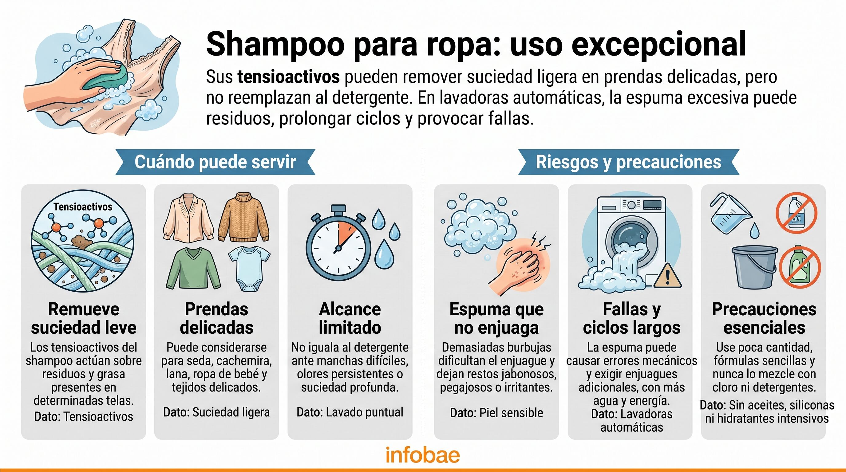 Una infografía de Infobae detalla las aplicaciones excepcionales y los riesgos de utilizar shampoo para lavar prendas delicadas. (Imagen Ilustrativa Infobae)